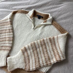 French Connection Cream and Brown wool Blend Half Zip